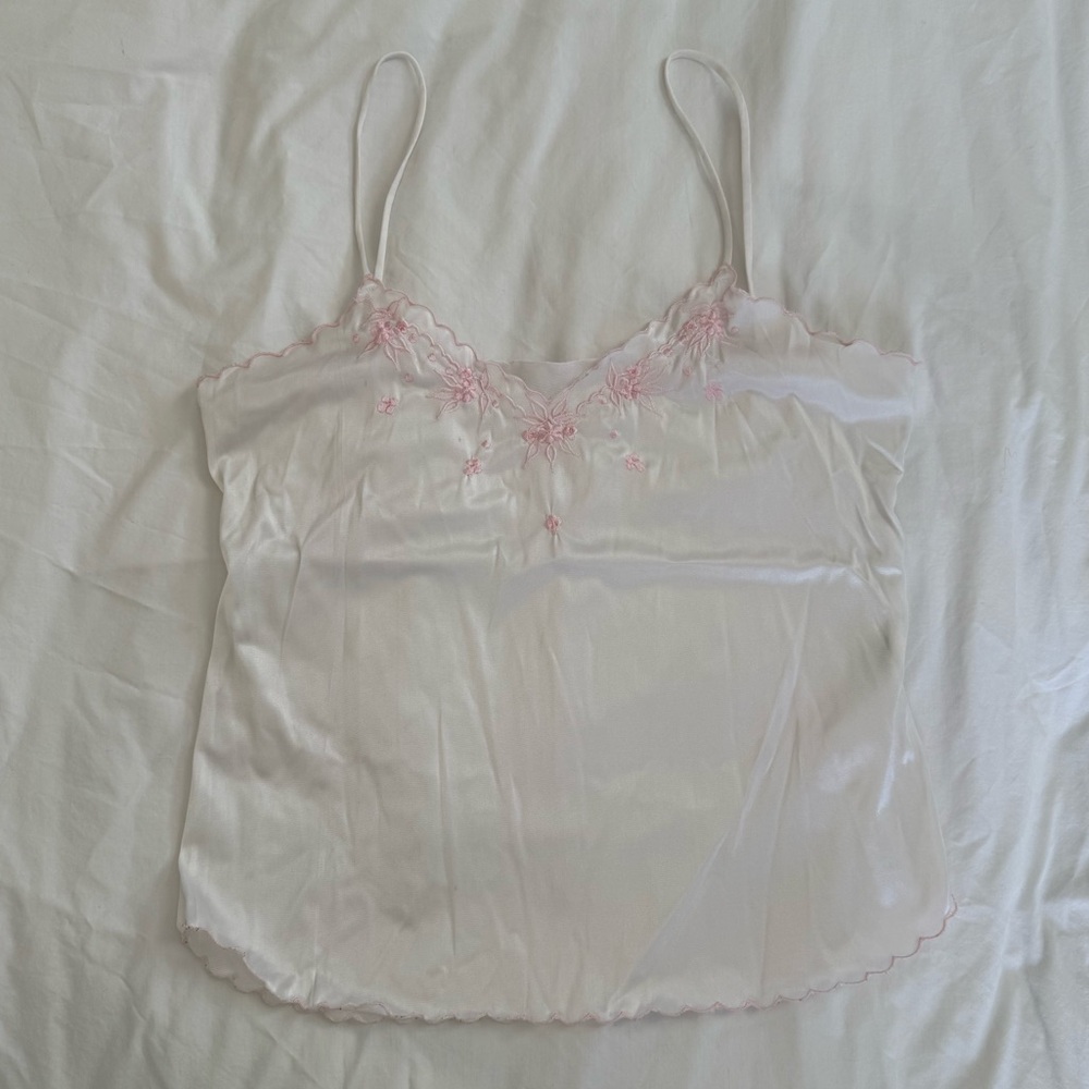 Pink and White Embroidered Tank Top